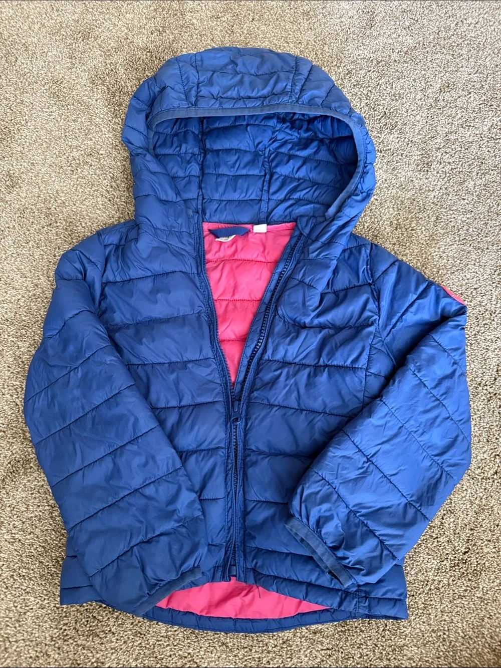 Kids Blue Hooded Puffer Jacket - Pink Lining